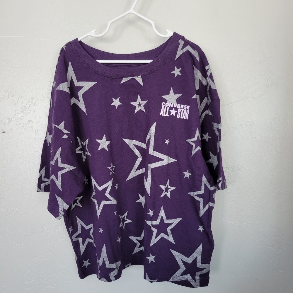 Converse NWOT Girls Large 12/13 Purple Short Sleeve Shirt Oversized Silver Stars